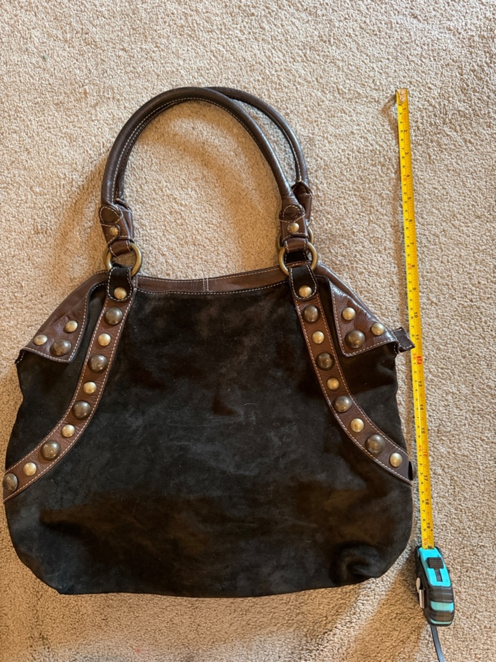 Sundance Black Suede Shoulder Bag with Brown Studded Trim